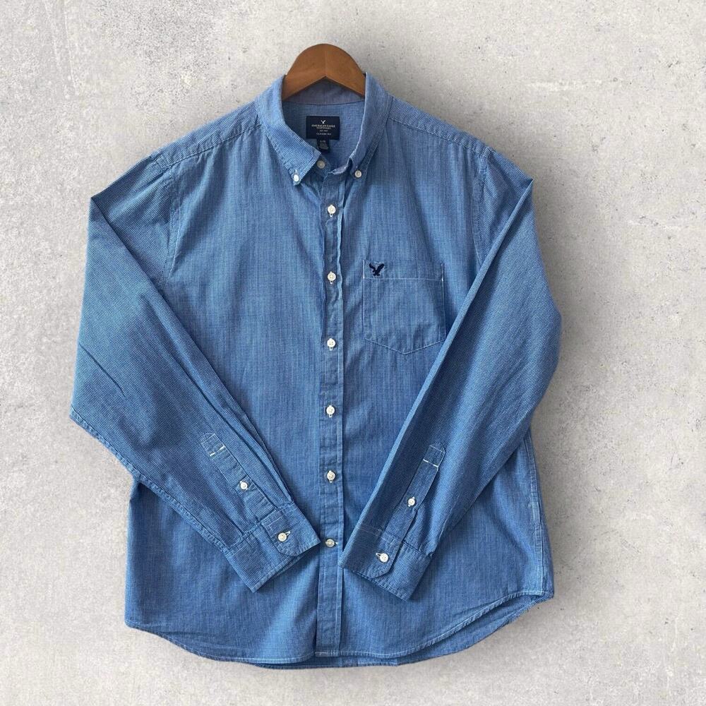 American Eagle Men Blue small plaid Button Down Classic Fit Long Sleeve SZ/L-G - Picture 1 of 14